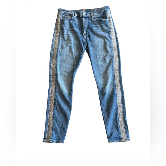 7 For All Mankind Denim - 7 For All Mankind Skinny Jeans Size 31 Blue Denim Glitter Side Stripe Stretch